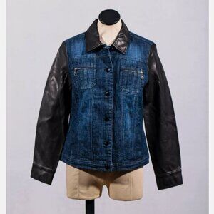 AMI 99% Cotton Button Down Pocket Faux Leather Grunge Jean Denim Jacket Sz M